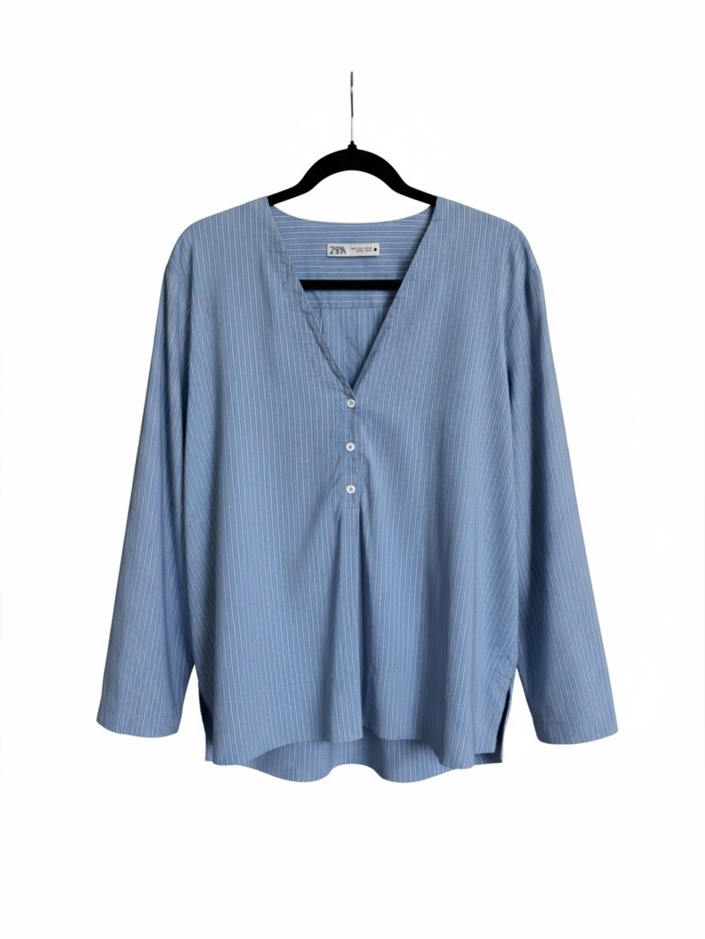 ZARA BLUE WHITE STRIPE COTTON BLEND V NECK POPLIN BLOUSE WITH VENTS Sz Large